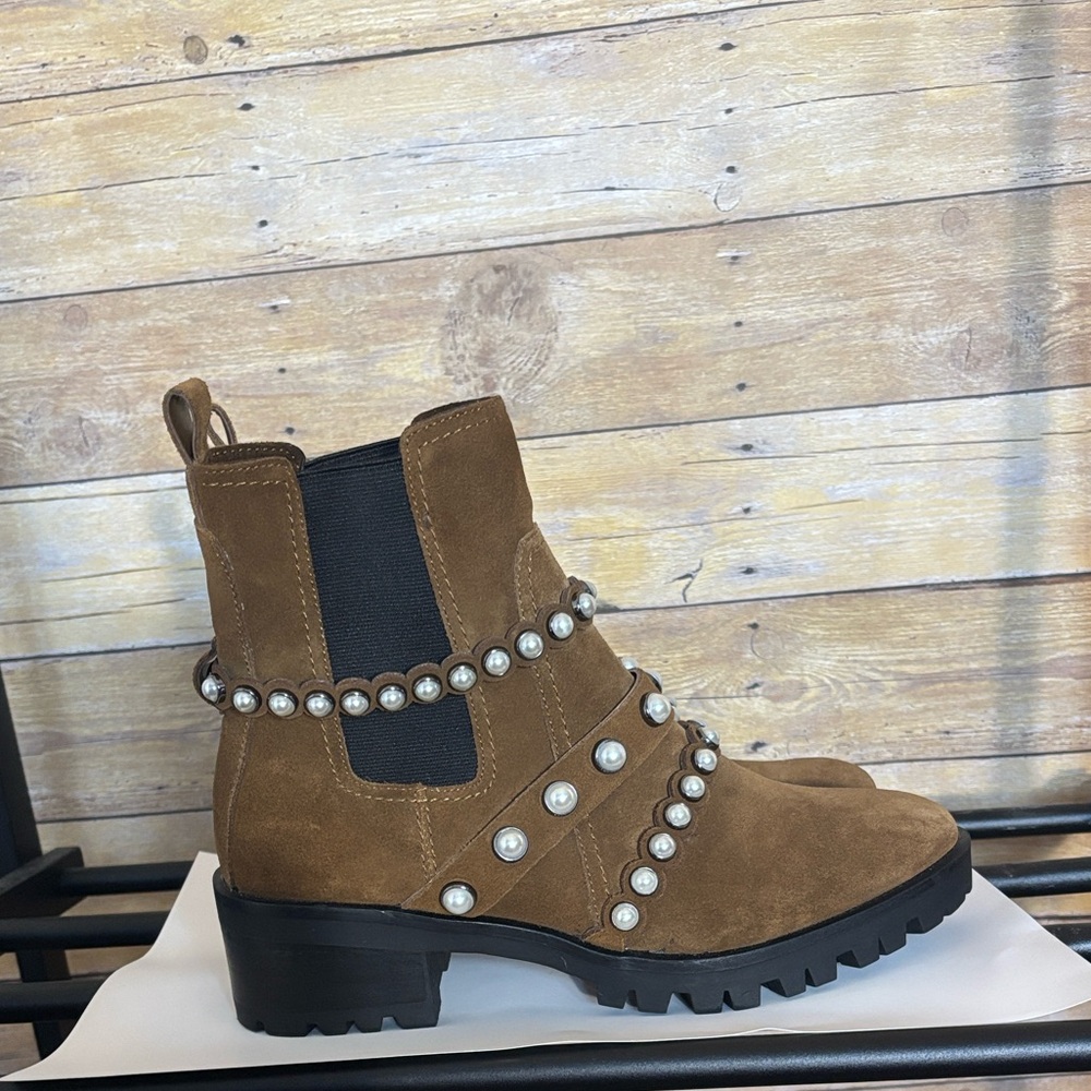 Karl Lagerfeld Pearl-Studded Suede Ankle Boots – Size 8